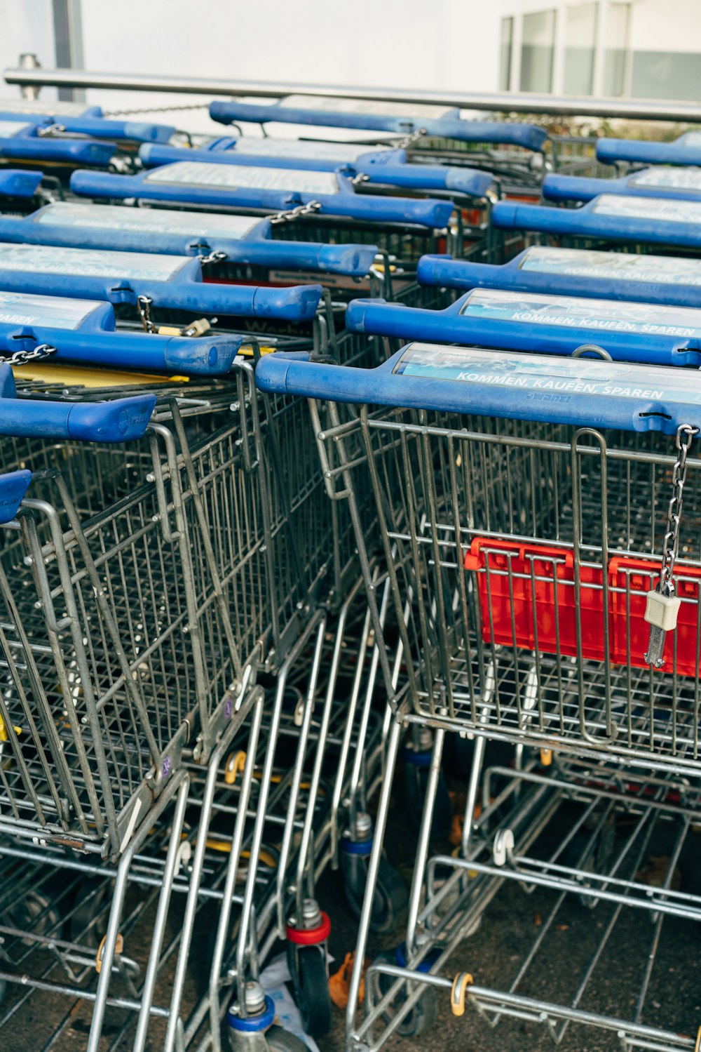 a row of shopping carts with blue handles