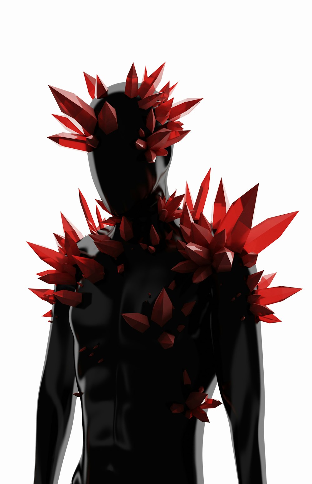 a black mannequin with red spikes on it's head