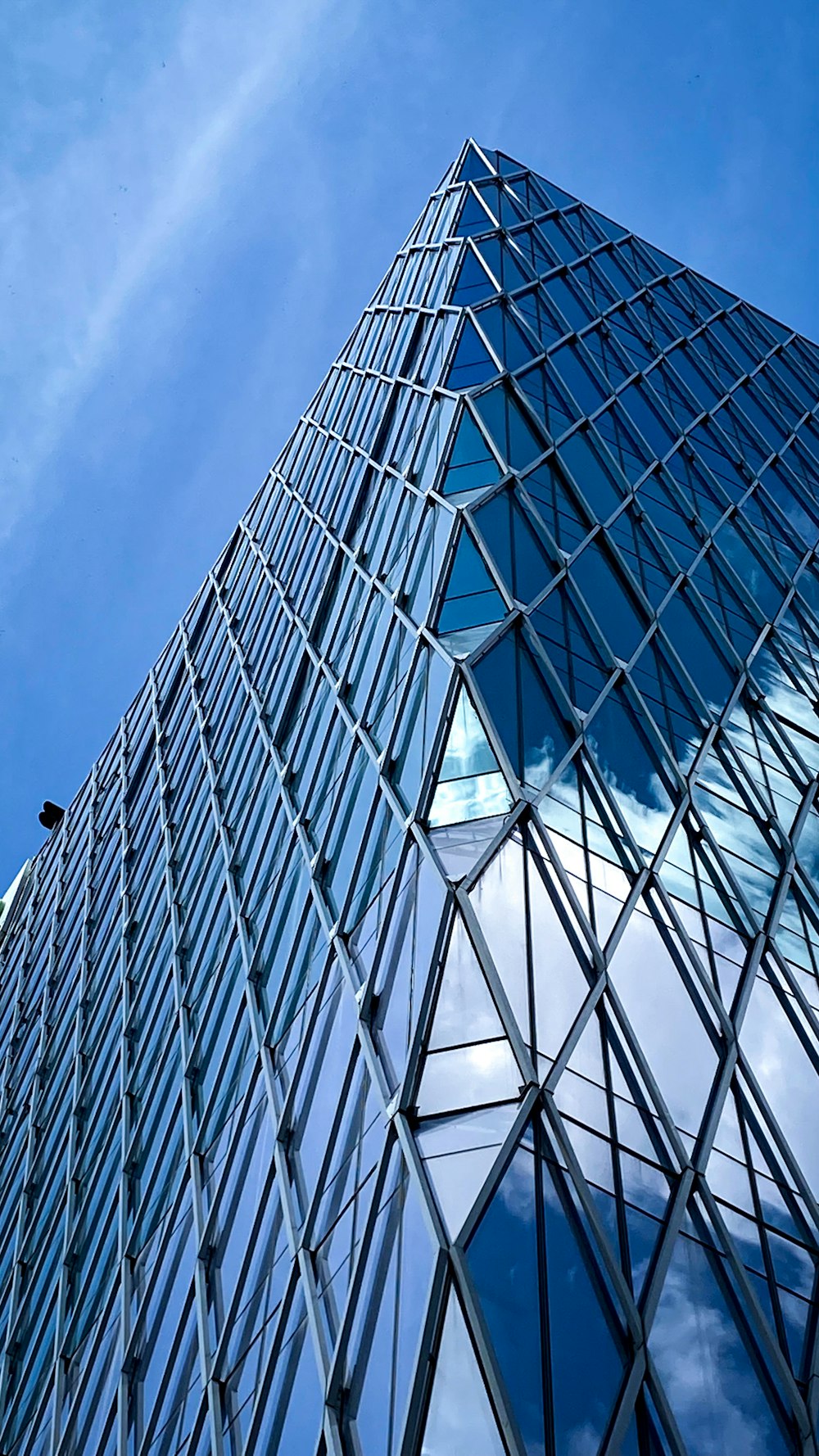 a tall glass building with a bird sitting on top of it