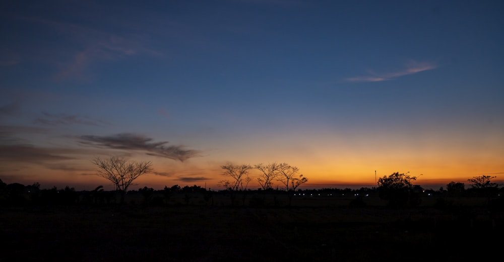 the sun is setting over a field with trees