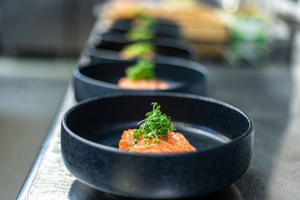 a close up of a bowl of food on a table