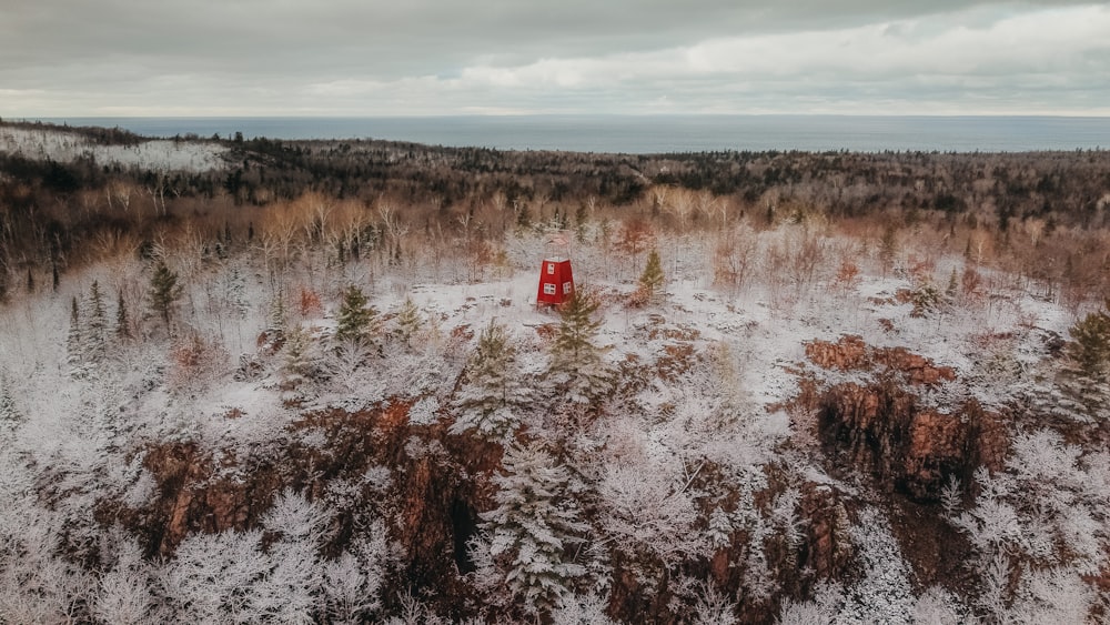 an aerial view of a forest with a red tower in the middle of it