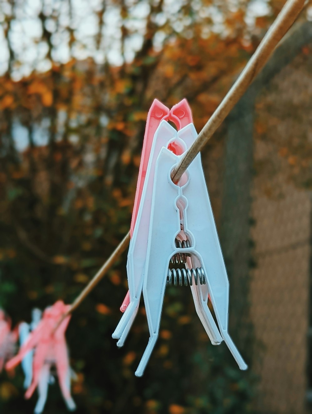 a pink and white wind chime hanging from a tree