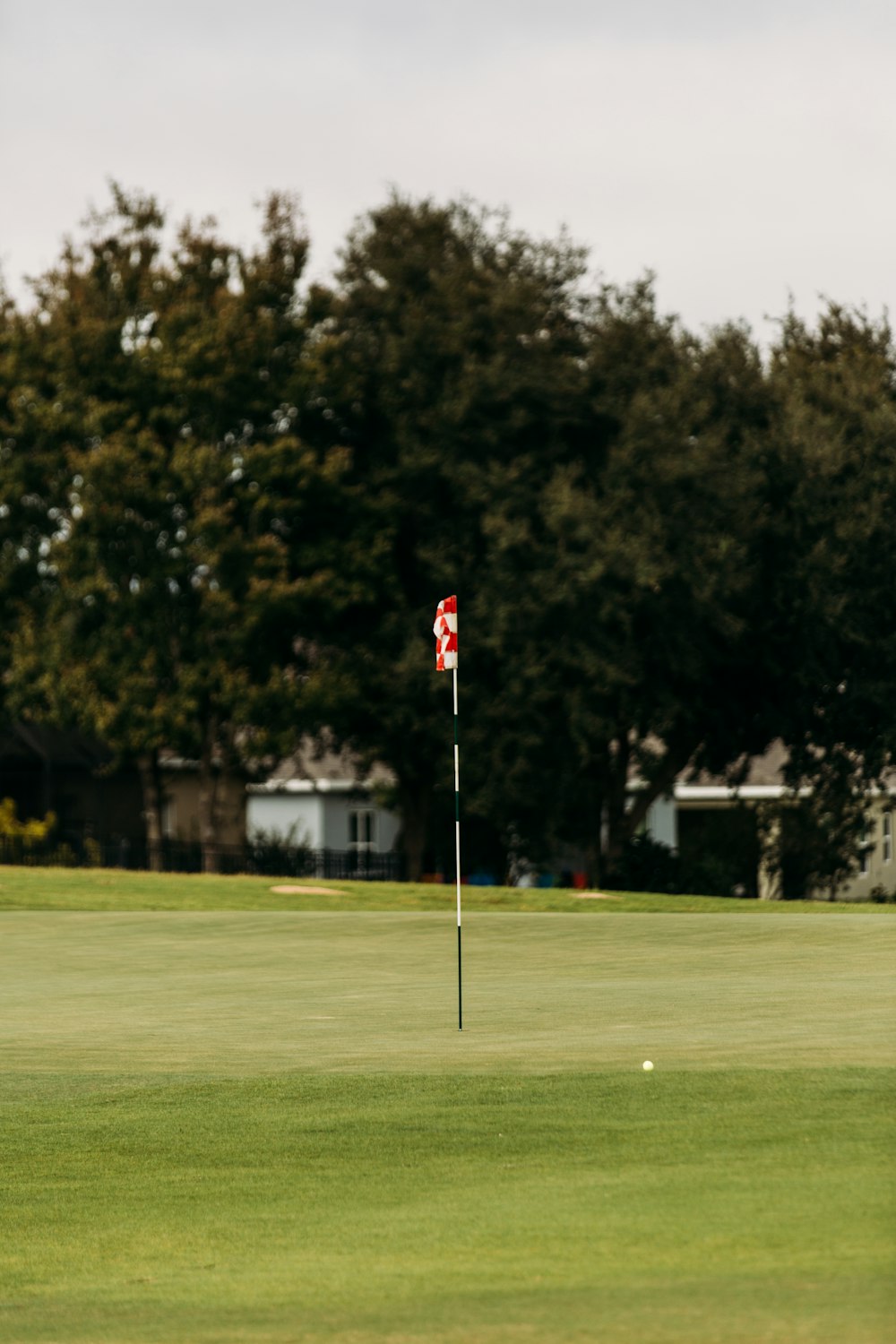 a red and white flag on a green golf course