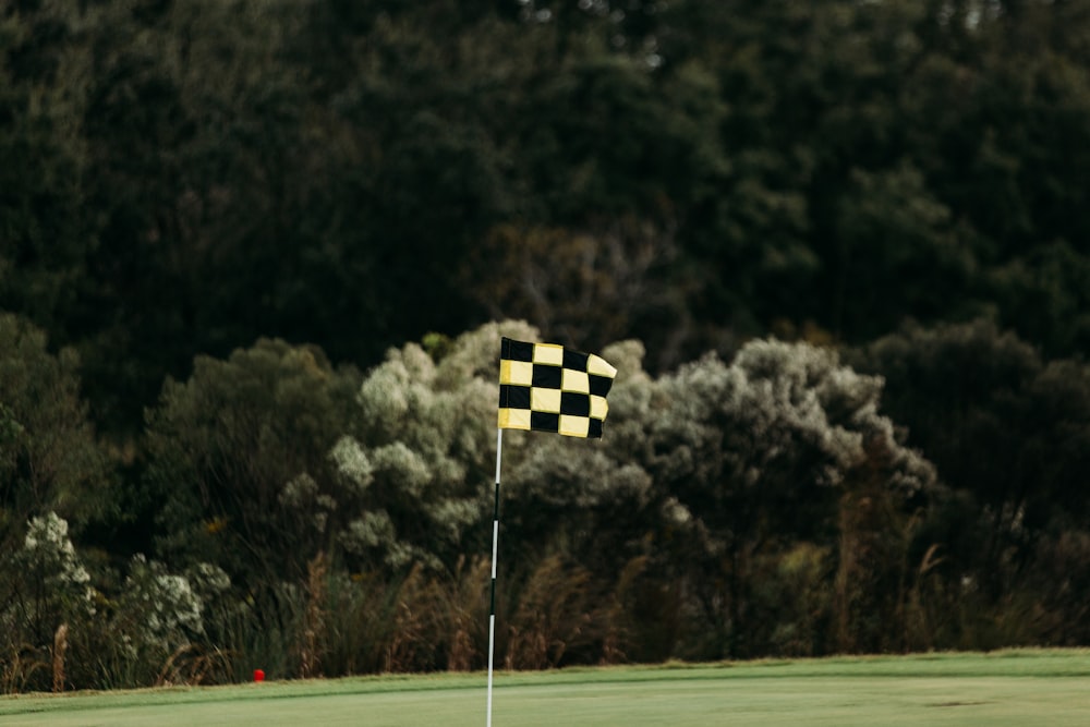 a yellow and black checkered flag on a golf course