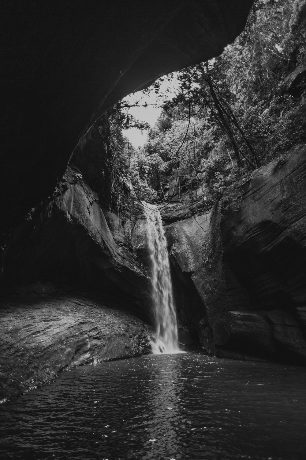 a black and white photo of a waterfall