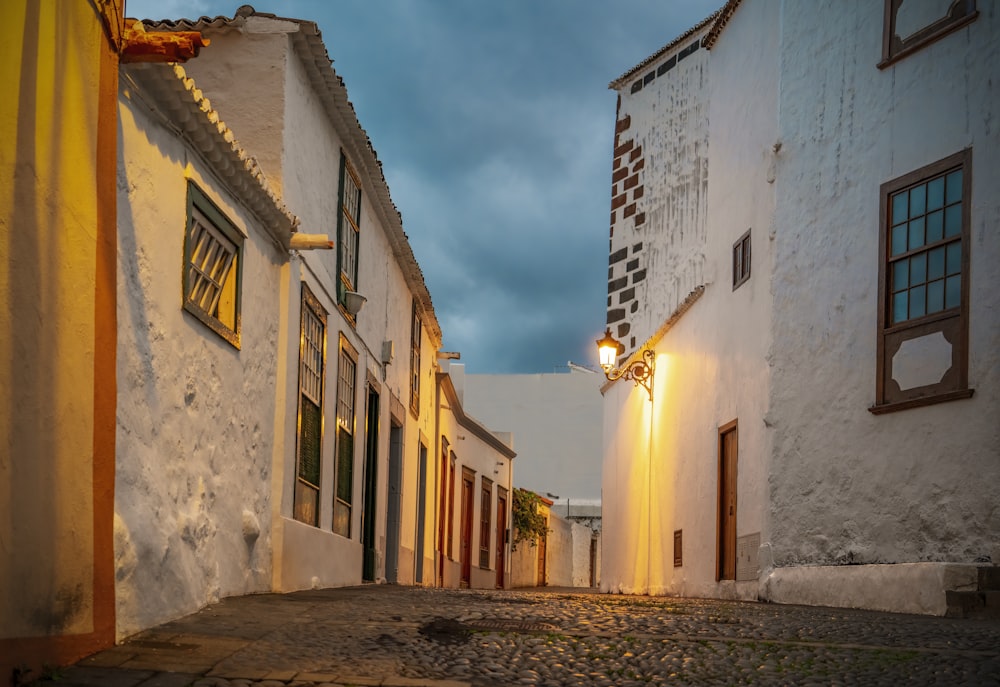 a cobblestone street in a small town at night