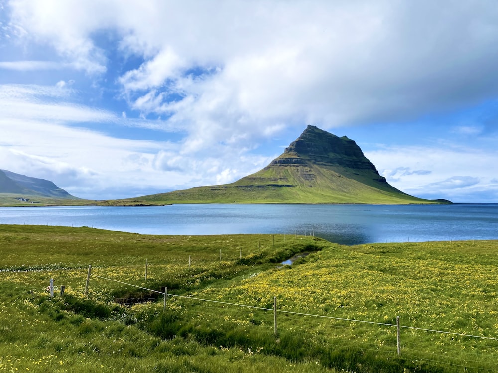 a green field with a mountain in the background