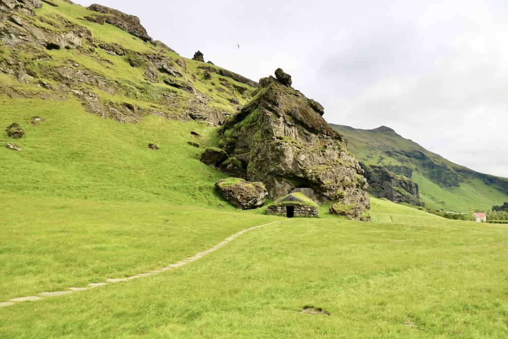 a grassy hill with a small cave in the middle of it