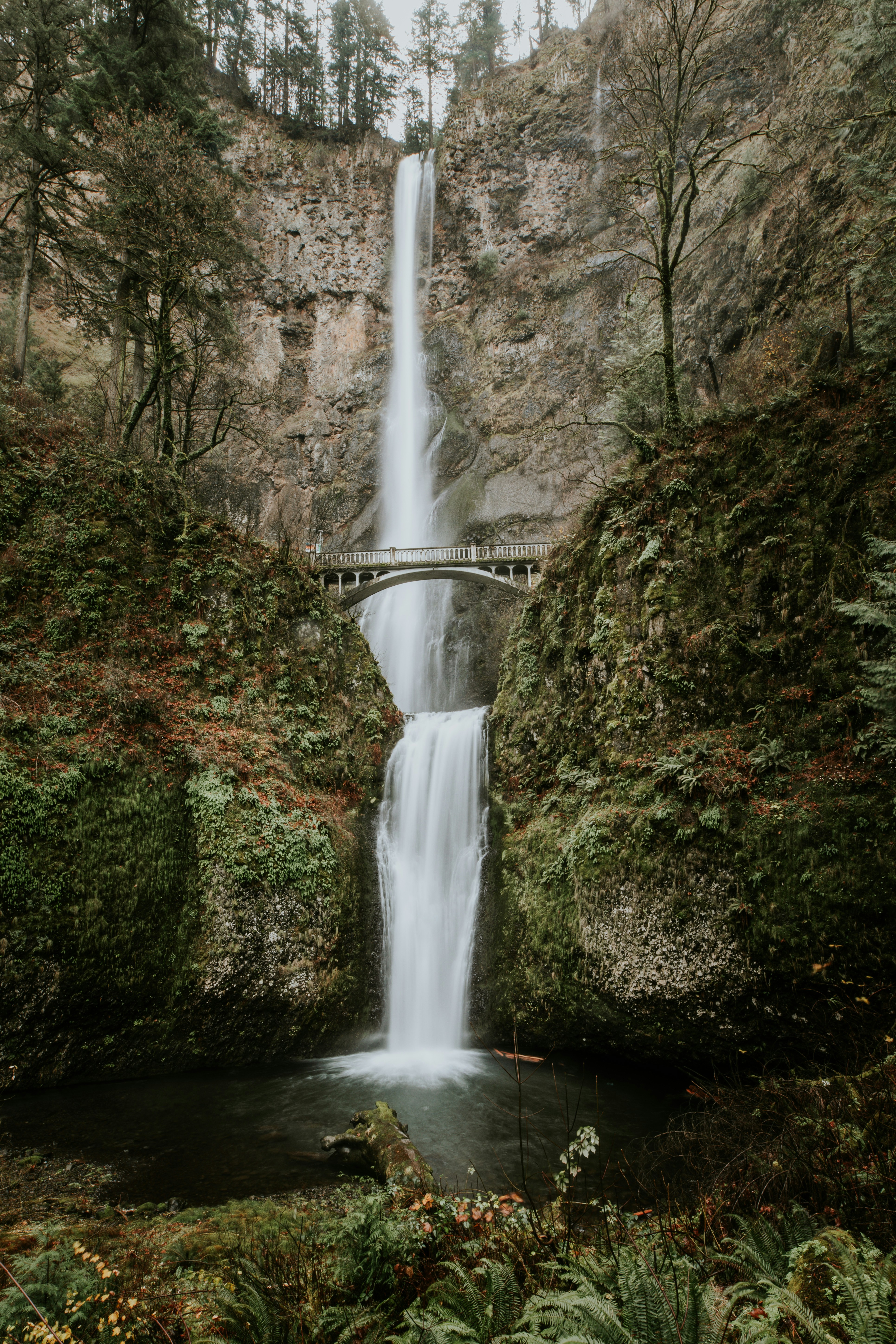 ein Wasserfall mit einer Brücke darüber mitten im Wald
