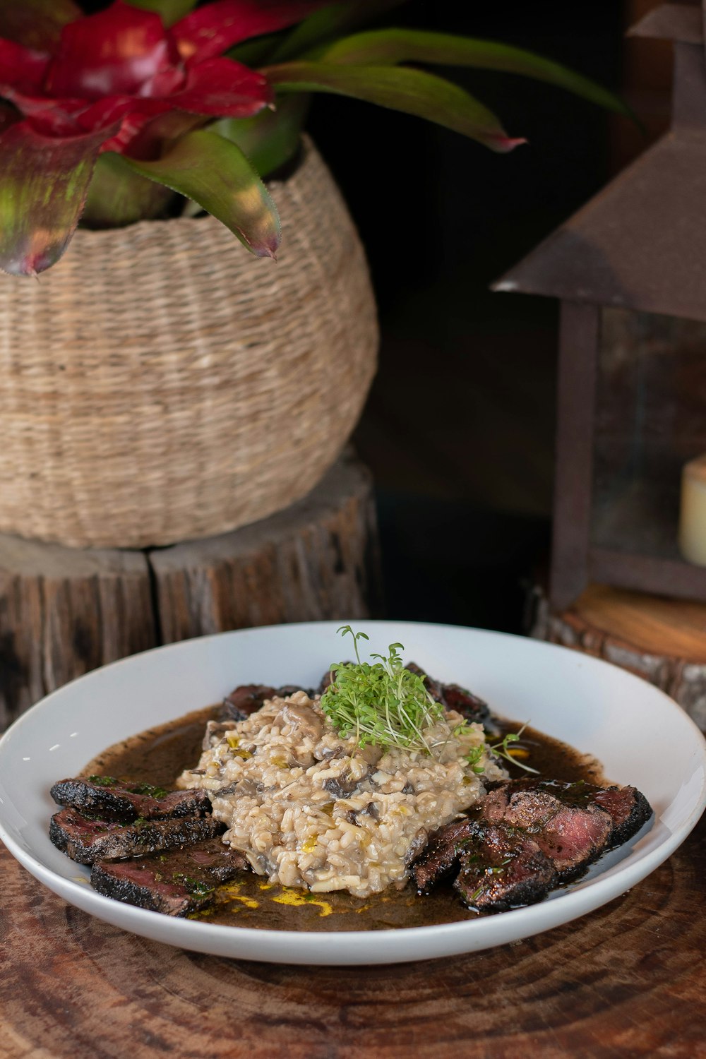 a plate of food on a wooden table