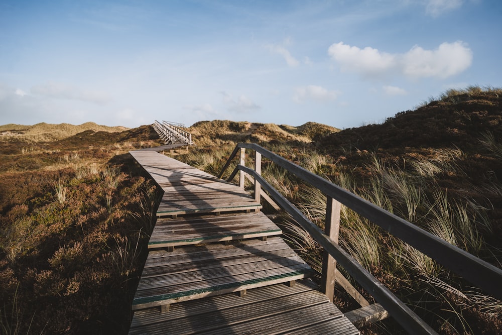 a wooden walkway leading to a grassy hill