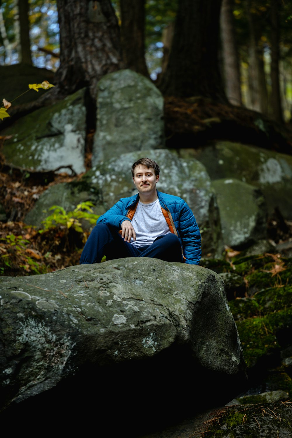 Un uomo seduto su una roccia nel bosco