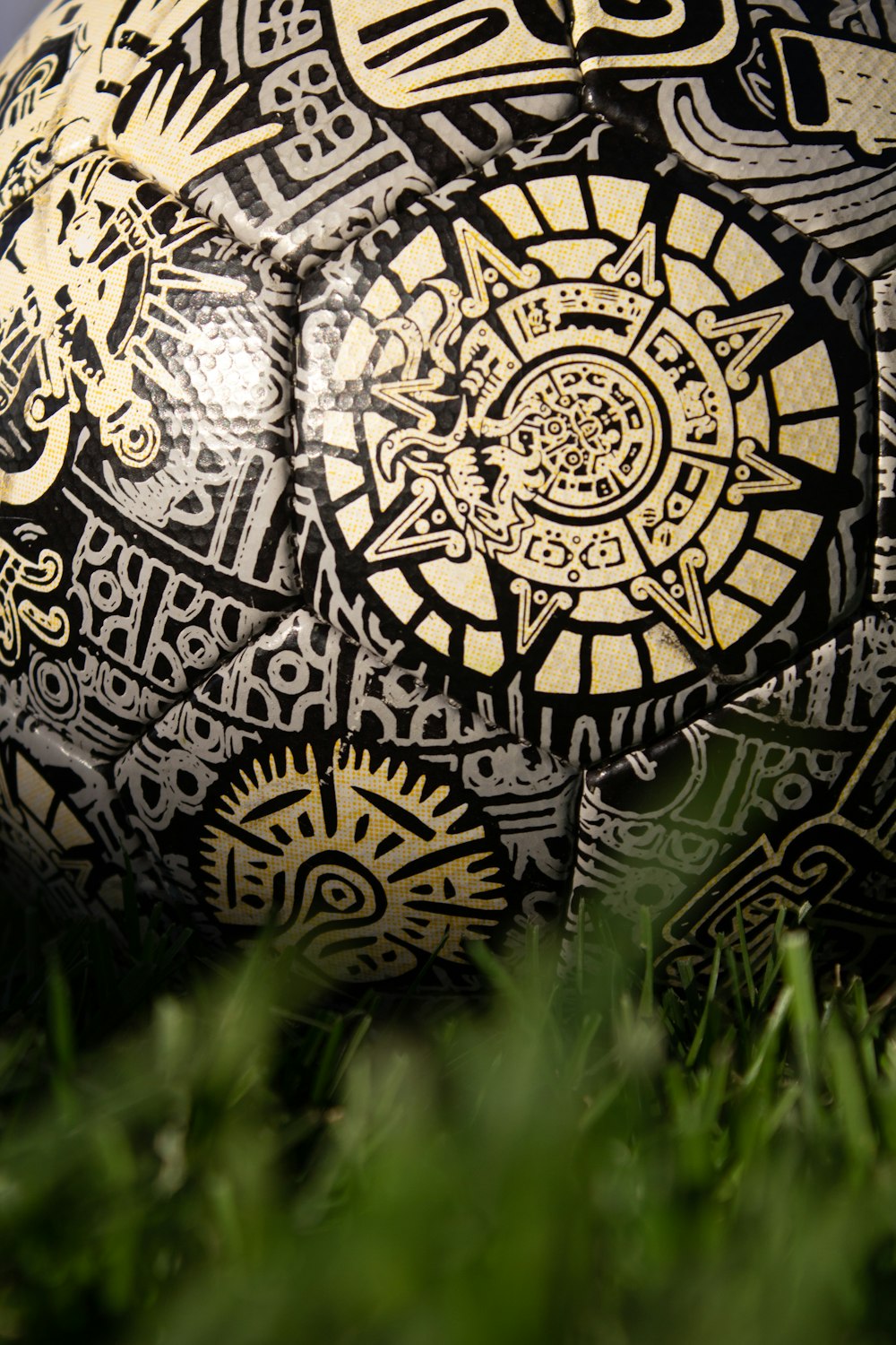 a close up of a soccer ball in the grass