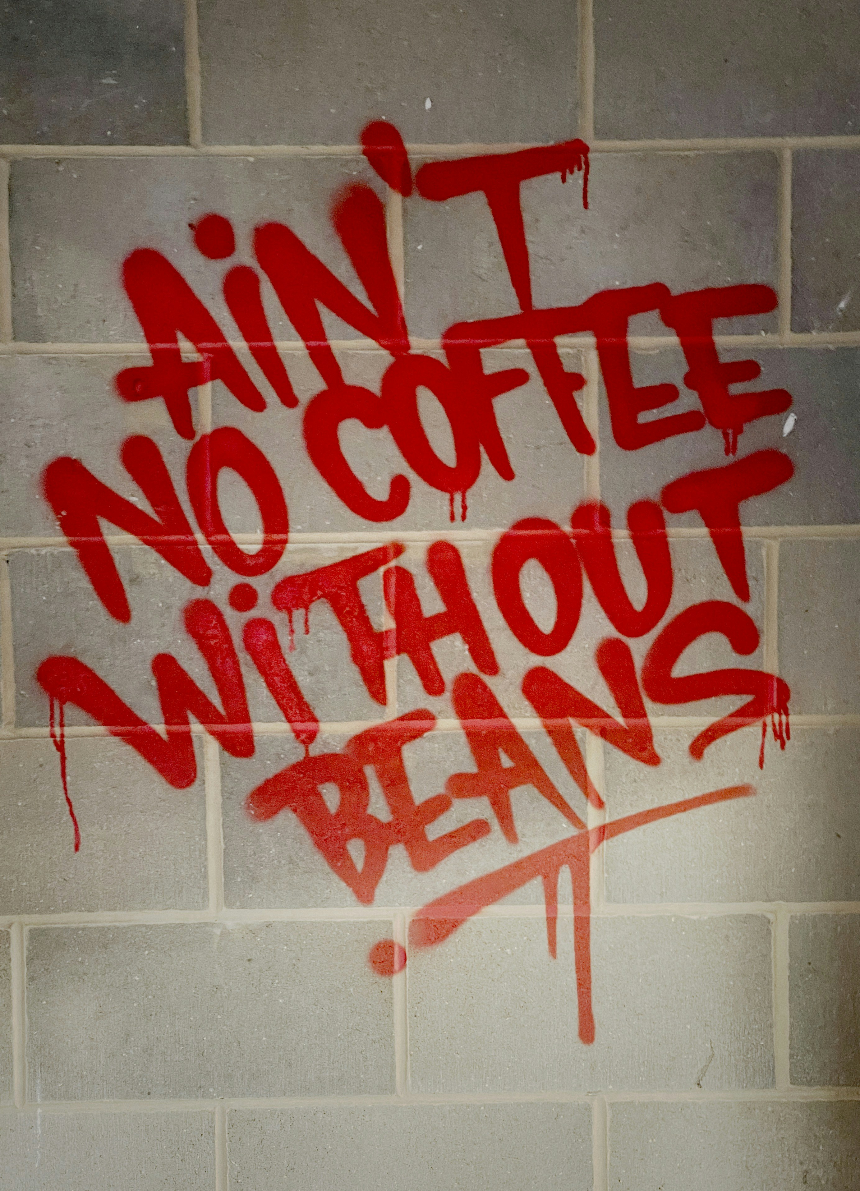 Fotomural graffiti on a brick wall reads,'i am not coffee without beans '