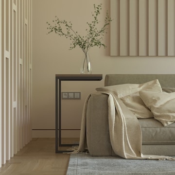 A minimalist living room scene featuring a modern beige sofa adorned with light-colored blankets and pillows. A sleek, rectangular side table holds a clear glass vase with green branches. The room includes light-colored paneling on the walls and a small part of a gray rug visible on the wooden floor.