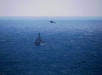 a plane flying over a large body of water