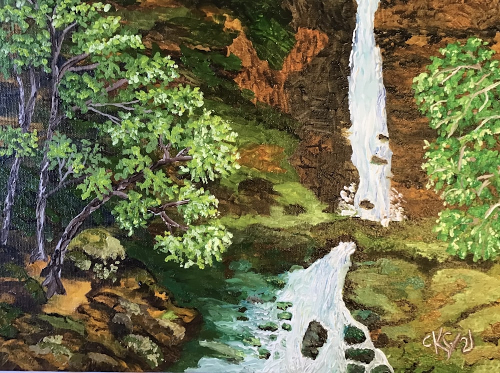 Un dipinto di una cascata circondata da alberi