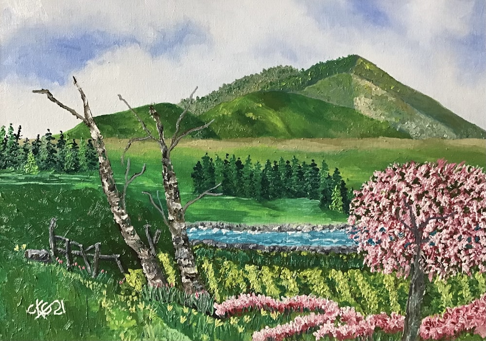Una pintura de un campo con flores y una montaña al fondo