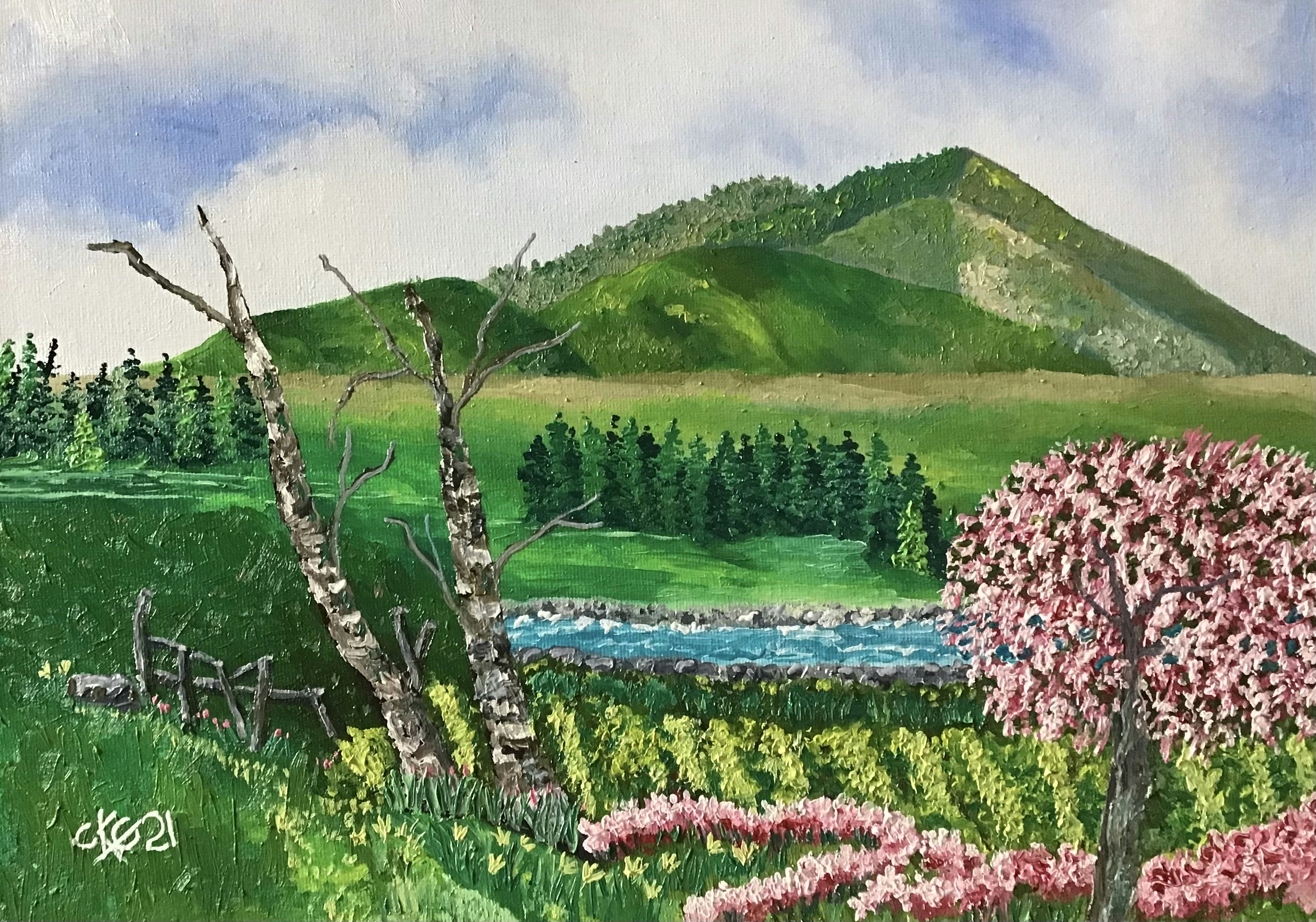 Spring life. Oil painting, original art. Fresh green mountains and hills. Rolling down to a freshwater lake. With a bulb farm on the nearest bankside. A verdant green forest of pine trees frames the scenery which is bright and welcoming. A beautiful natural landscape with lots of color and interest.