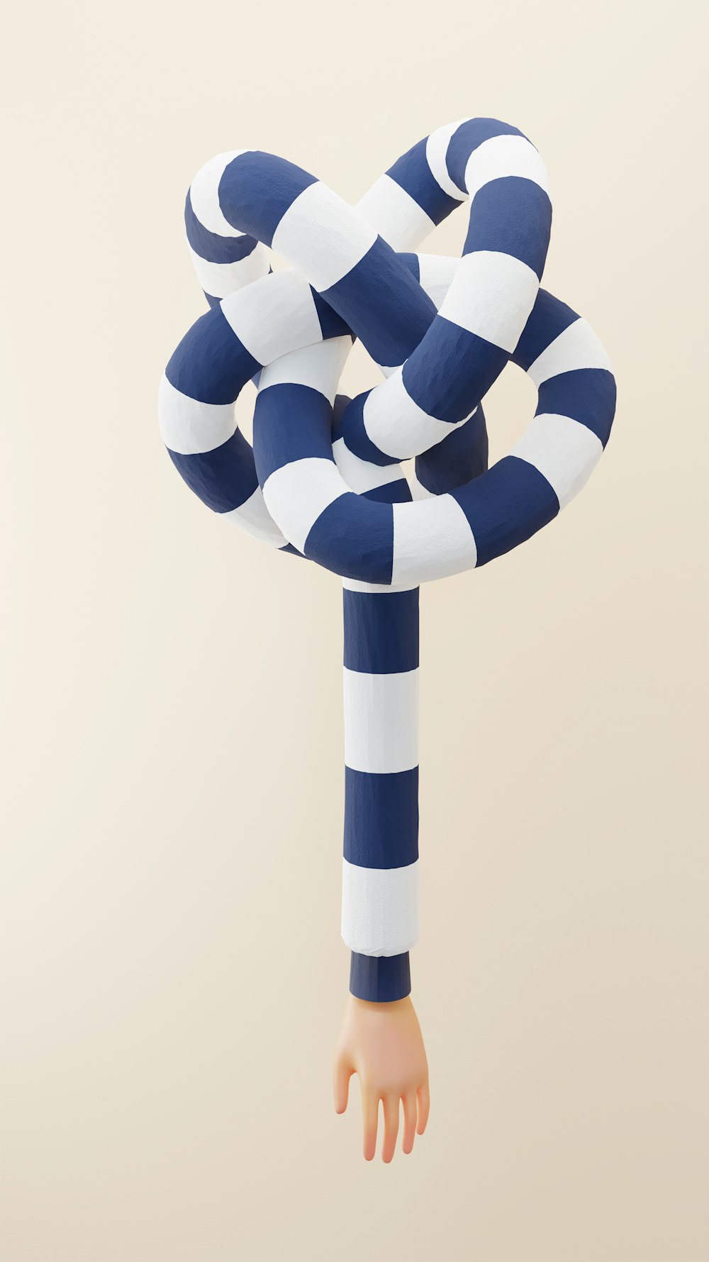 a blue and white striped object floating in the air