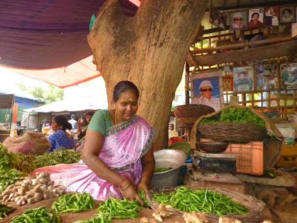 Harpreet Kaur consulting a client with fresh vegetables and Ayurvedic herbs on the table.