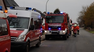 Several fire department vehicles are parked on a residential street, including a fire truck and an emergency response van. A group of firefighters dressed in uniforms and helmets are standing near the vehicles, appearing to be in communication or preparing for action. The scene takes place on an overcast day, with trees without leaves visible in the background.