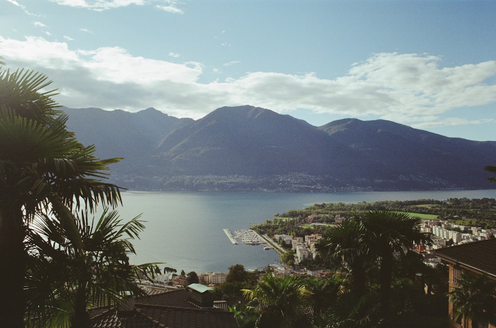 a view of a body of water and mountains