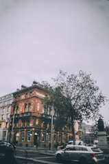 A bustling city street featuring a prominent historic building with ornate architecture, identified as 'Westin.' The scene includes modern cars and a statue, enriched by the presence of tall trees and cloudy skies above. Warm lighting from the building's windows adds a welcoming ambiance to the urban environment.