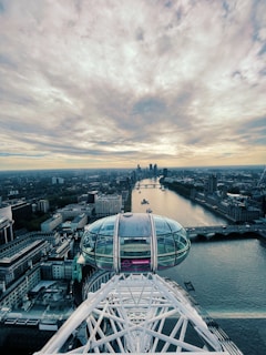 an aerial view of a river and a city
