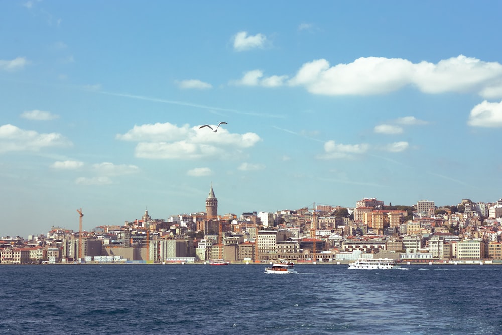 a large body of water with a city in the background