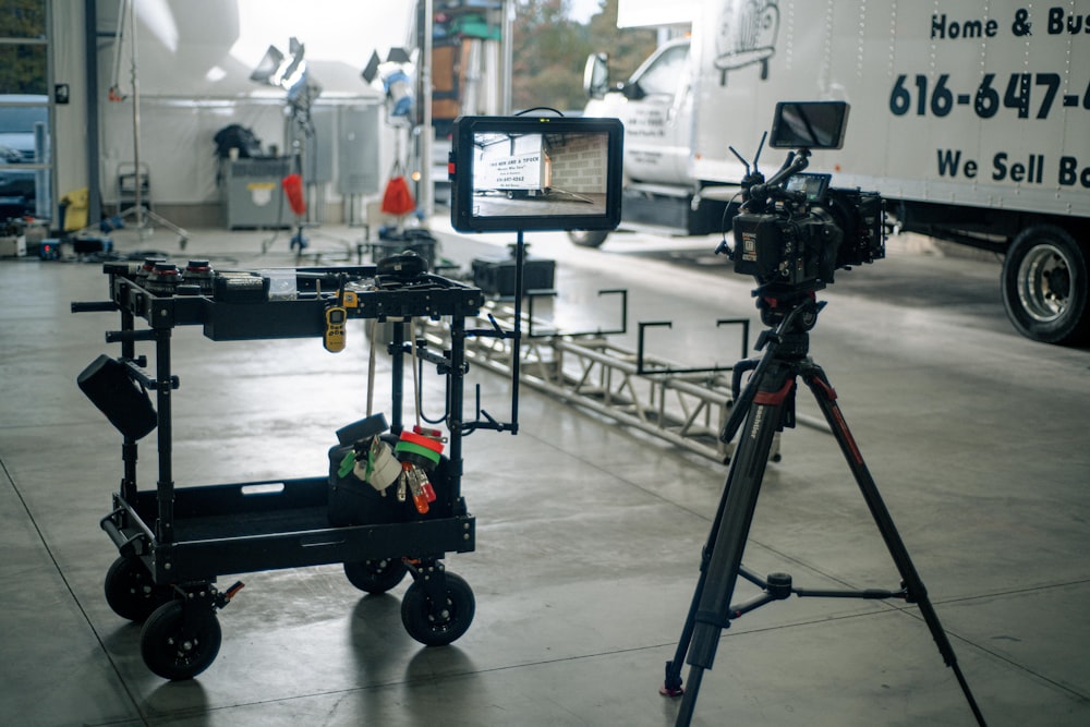 a camera is set up to take a picture of a truck