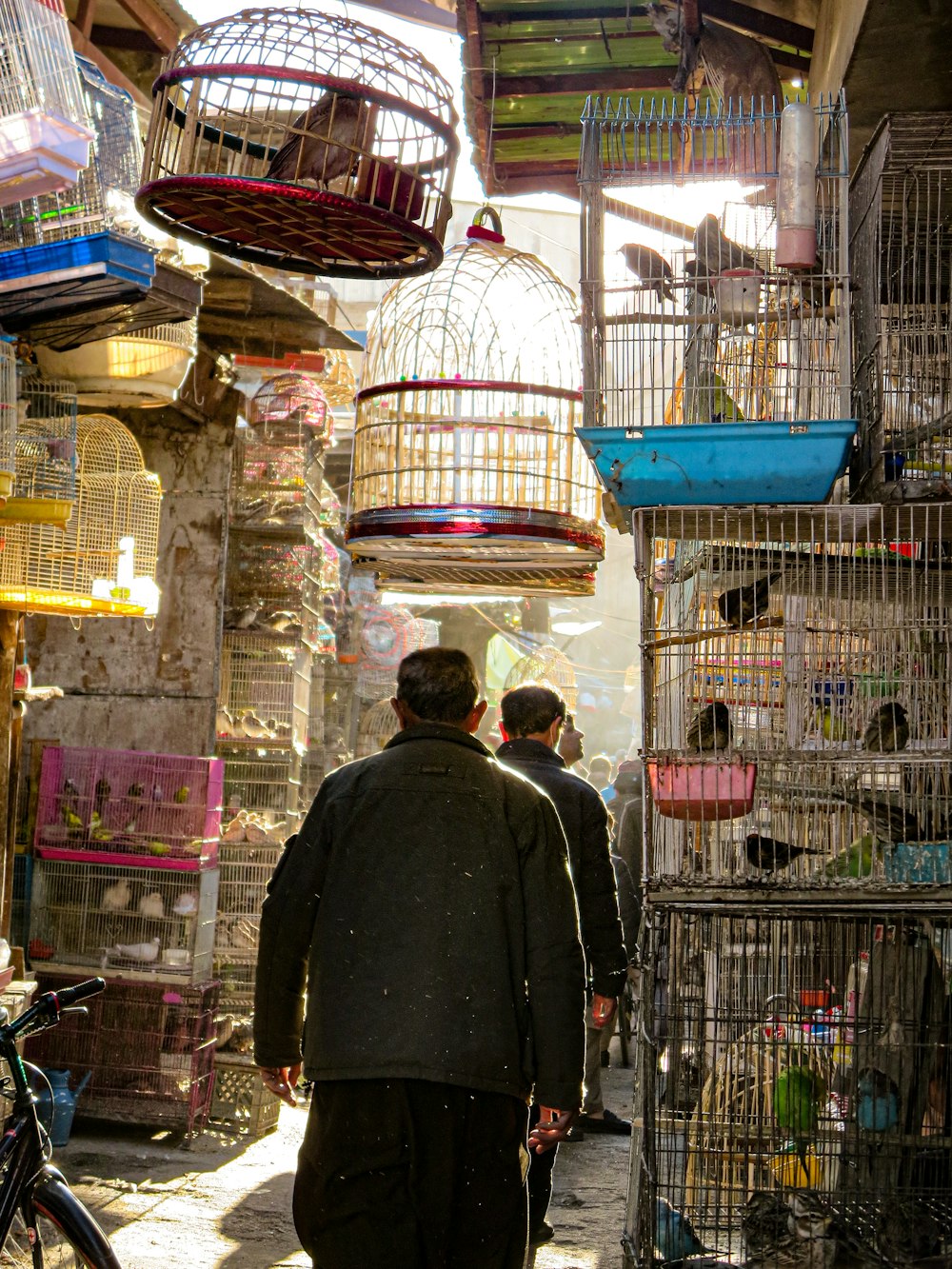 a couple of men walking down a street past bird cages