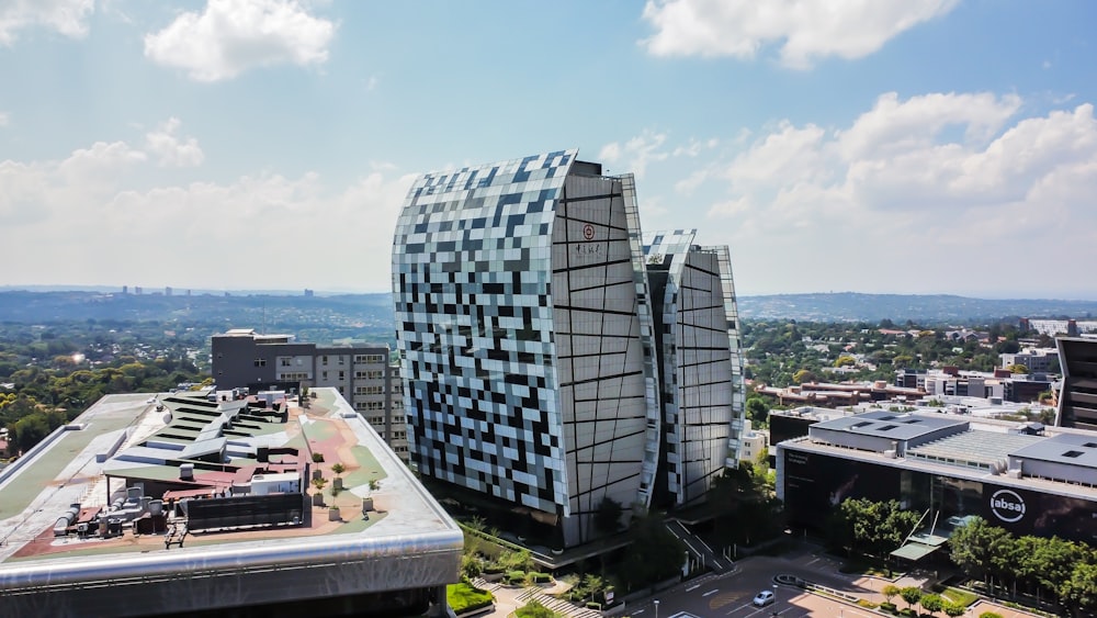 an aerial view of a building with a lot of windows