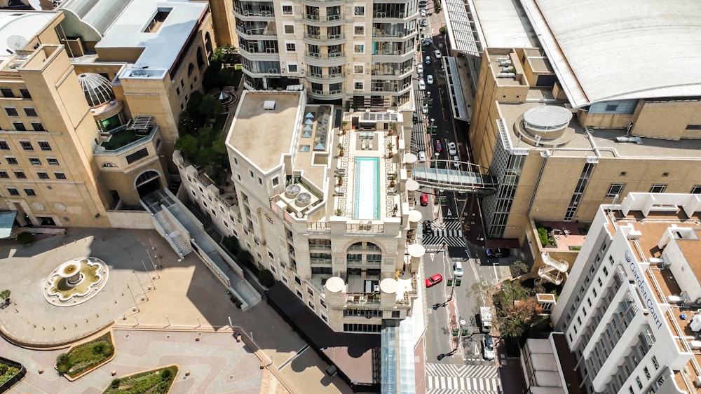 an aerial view of a city with tall buildings