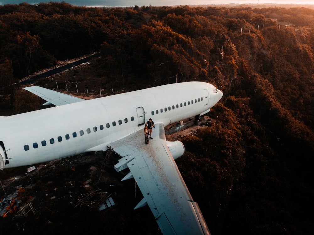 a large white airplane flying over a lush green forest