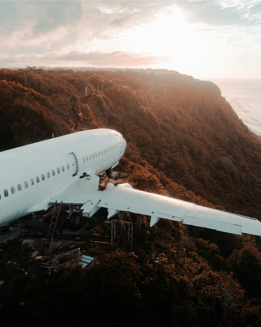 a large white airplane sitting on top of a lush green hillside