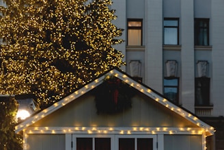 a small white house with christmas lights on the roof