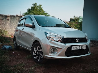 A silver Suzuki car is parked on a grassy area near a concrete wall. The car is a compact hatchback with modern styling, featuring a prominent front grille and alloy wheels. Surrounding the car, there is some greenery, including a large bush and a few scattered plants.