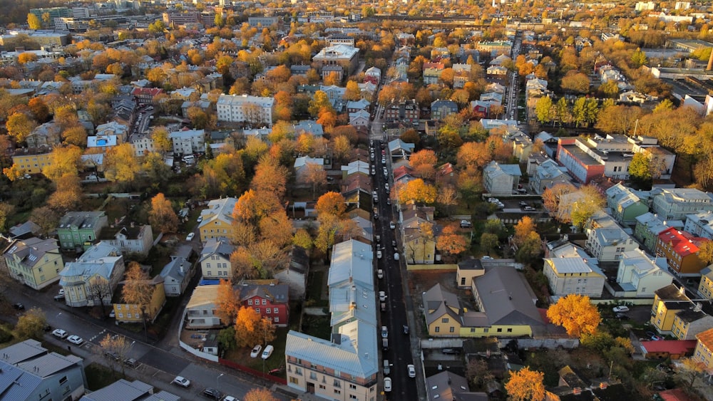 an aerial view of a city with lots of trees