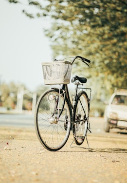 a bicycle with a basket parked on the side of the road