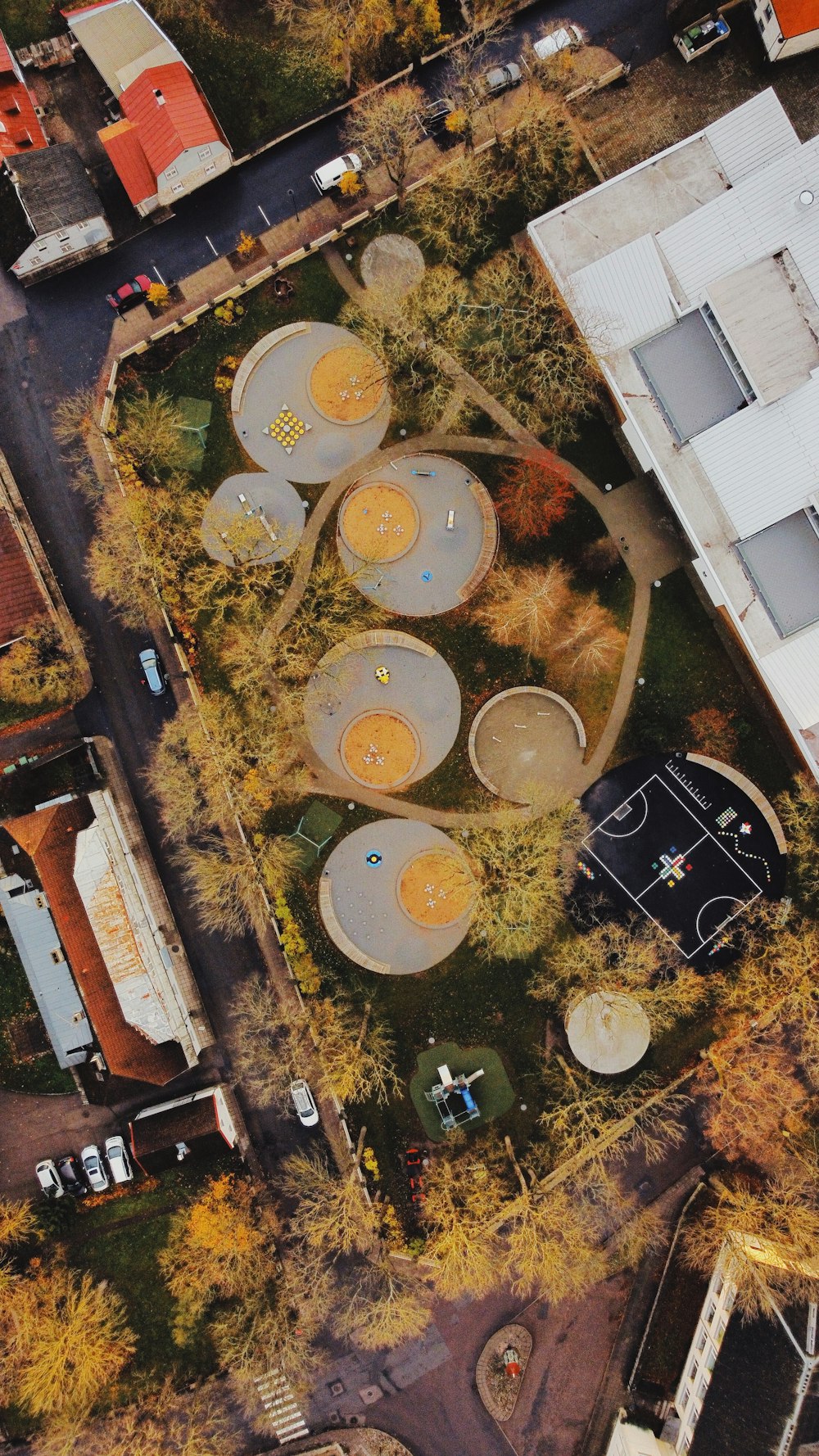 an aerial view of a basketball court and a basketball court