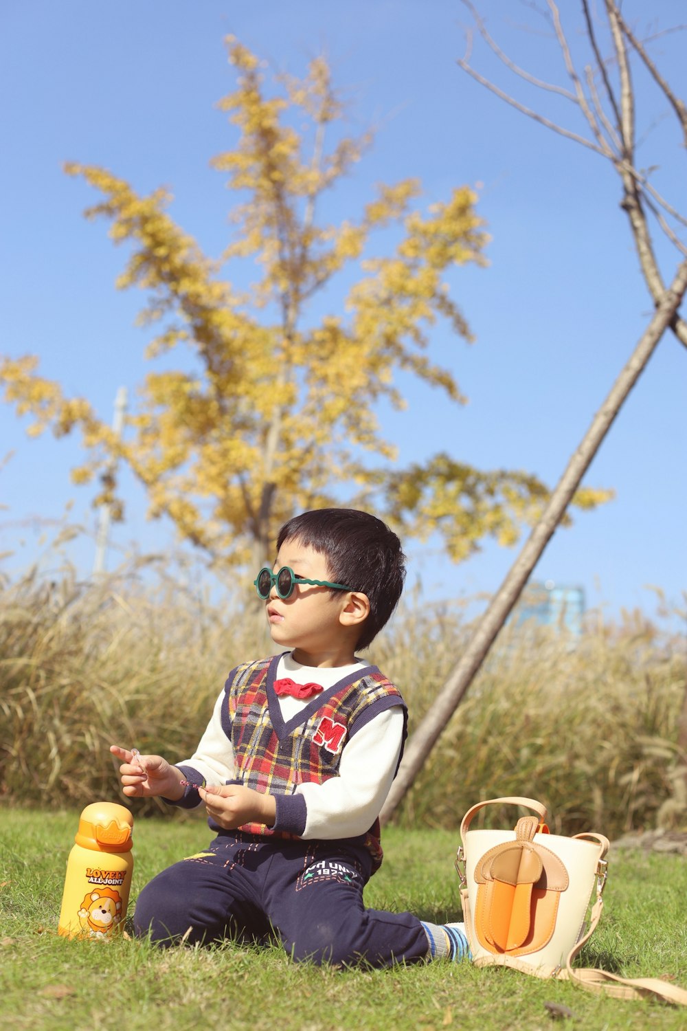 a little boy sitting in the grass with a backpack