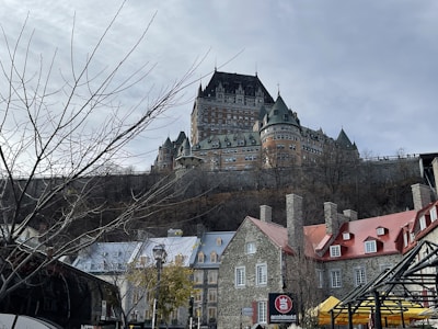 A grand, castle-like hotel with turrets and spires sits atop a hill, overlooking a collection of historic stone buildings with colorful roofs. Bare tree branches fill the foreground, hinting at a wintry setting.