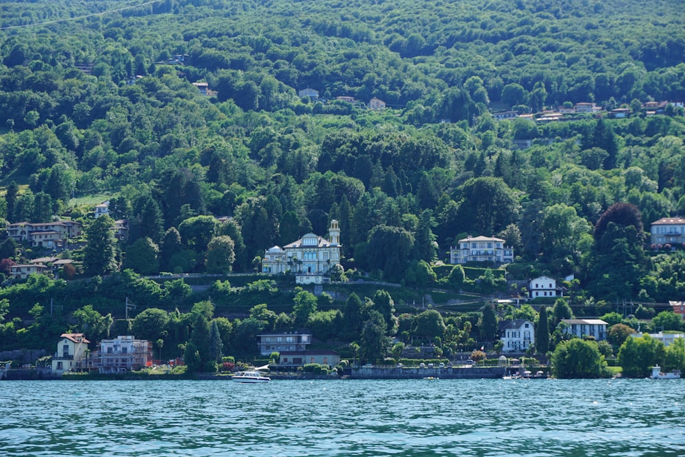 a large body of water with houses on a hill in the background