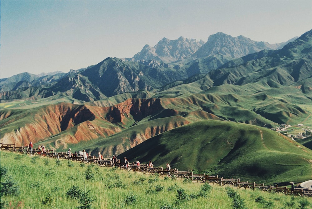 a group of people riding horses on top of a lush green hillside