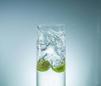 a glass filled with water and lime slices