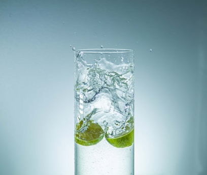 a glass filled with water and lime slices
