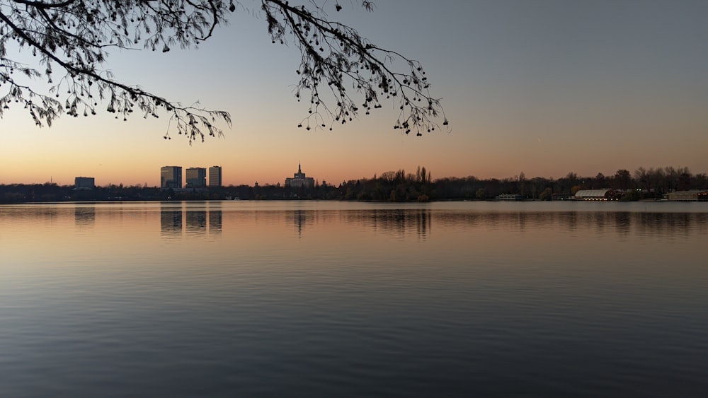 a large body of water with buildings in the background