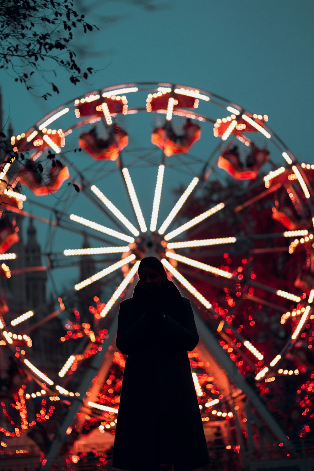 a person standing in front of a ferris wheel